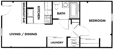 Floor plan for 1 bed, 1 bath, 500 sqft